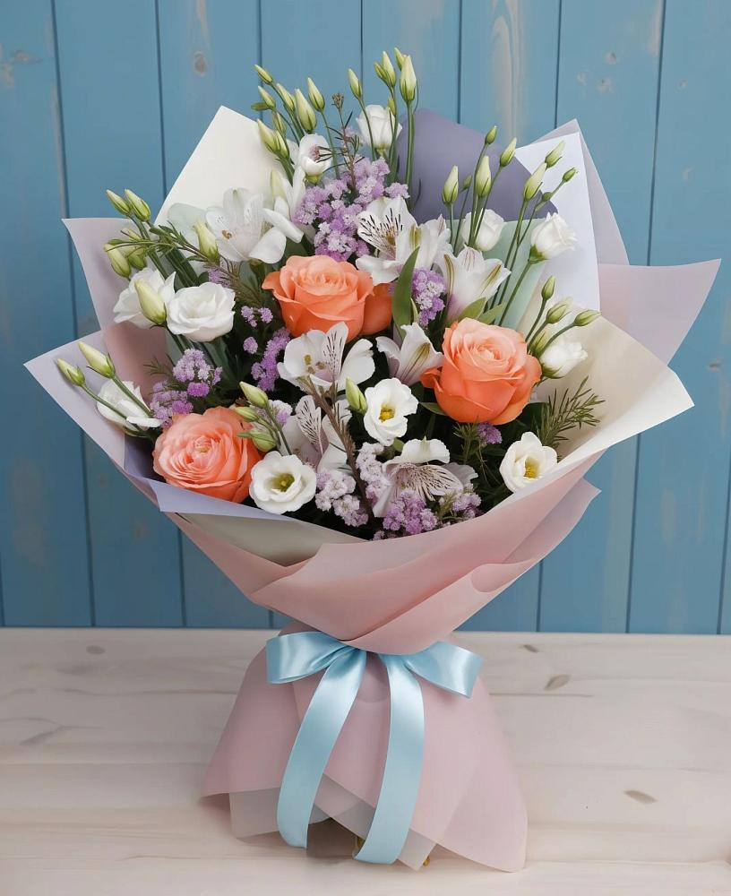 Букет цветов из: Лизиантусы, Розы, Альстромерии и Гипсофила в Стромынь