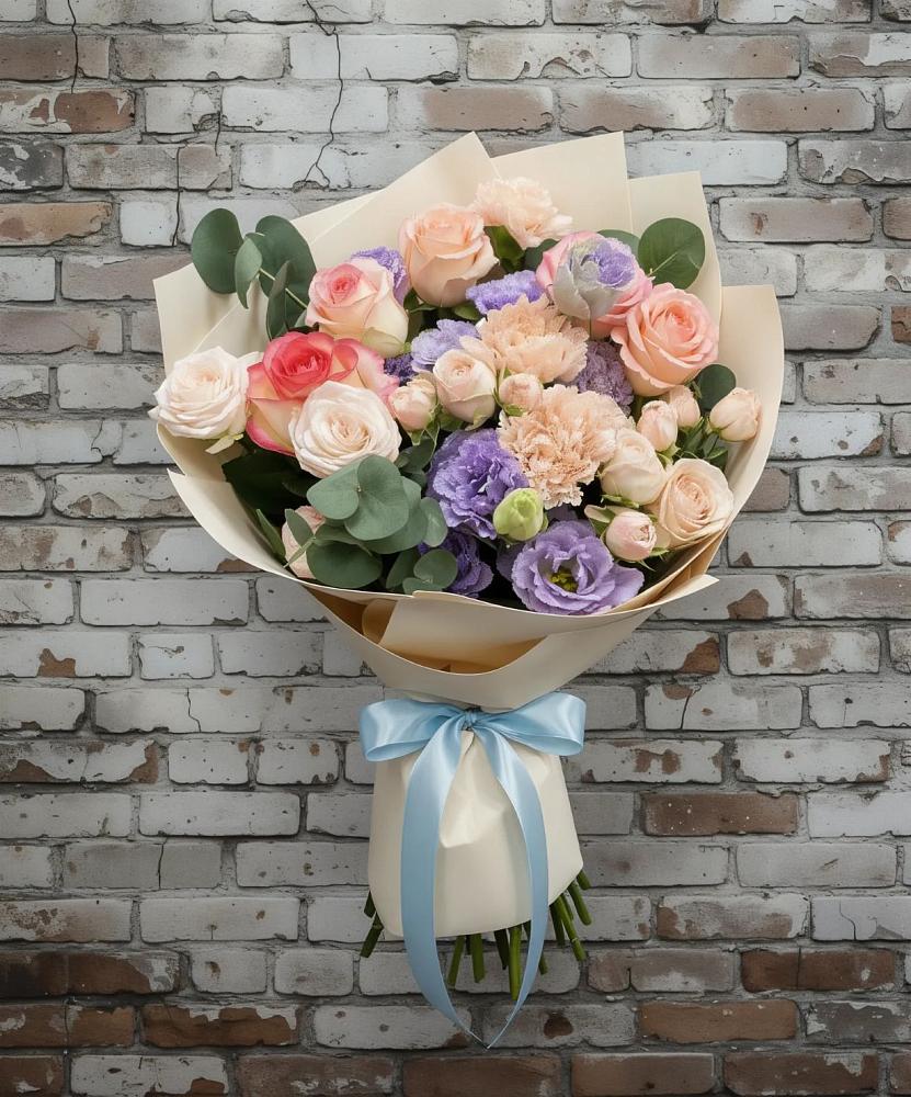 Букет цветов из: Розы, Лизиантусы и Гвоздики в Стромынь